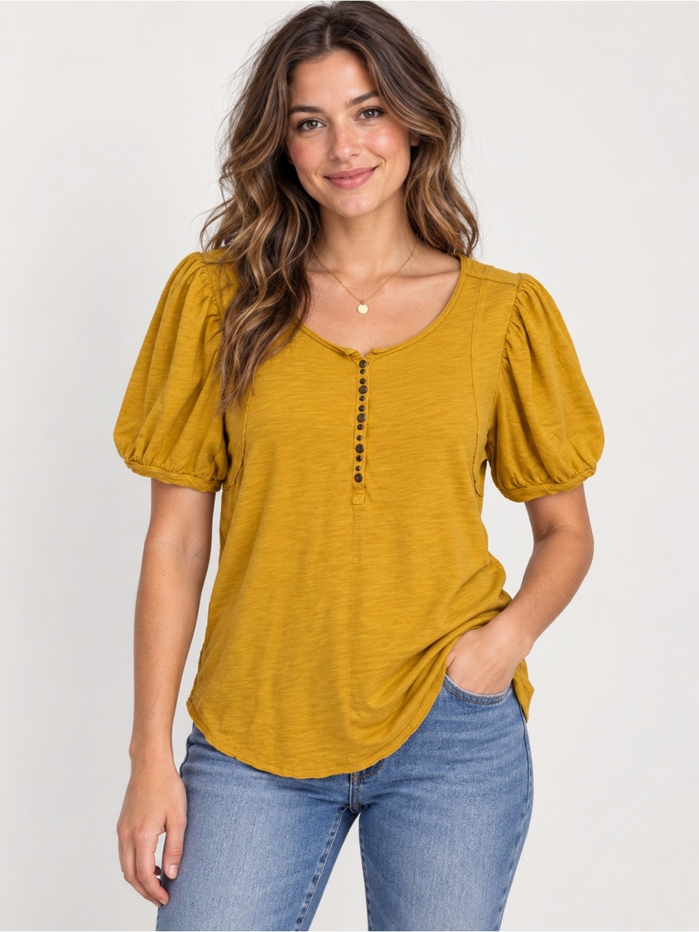 I CATO Women’s Mustard Yellow Puff Sleeve Henley Top Size L